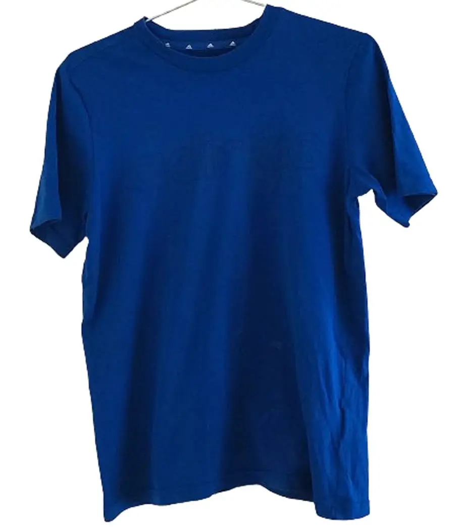 Remera deportiva Adidas azul, manga corta, con logo de la marca en el pecho y en la nuca. Ideal para actividades físicas. 