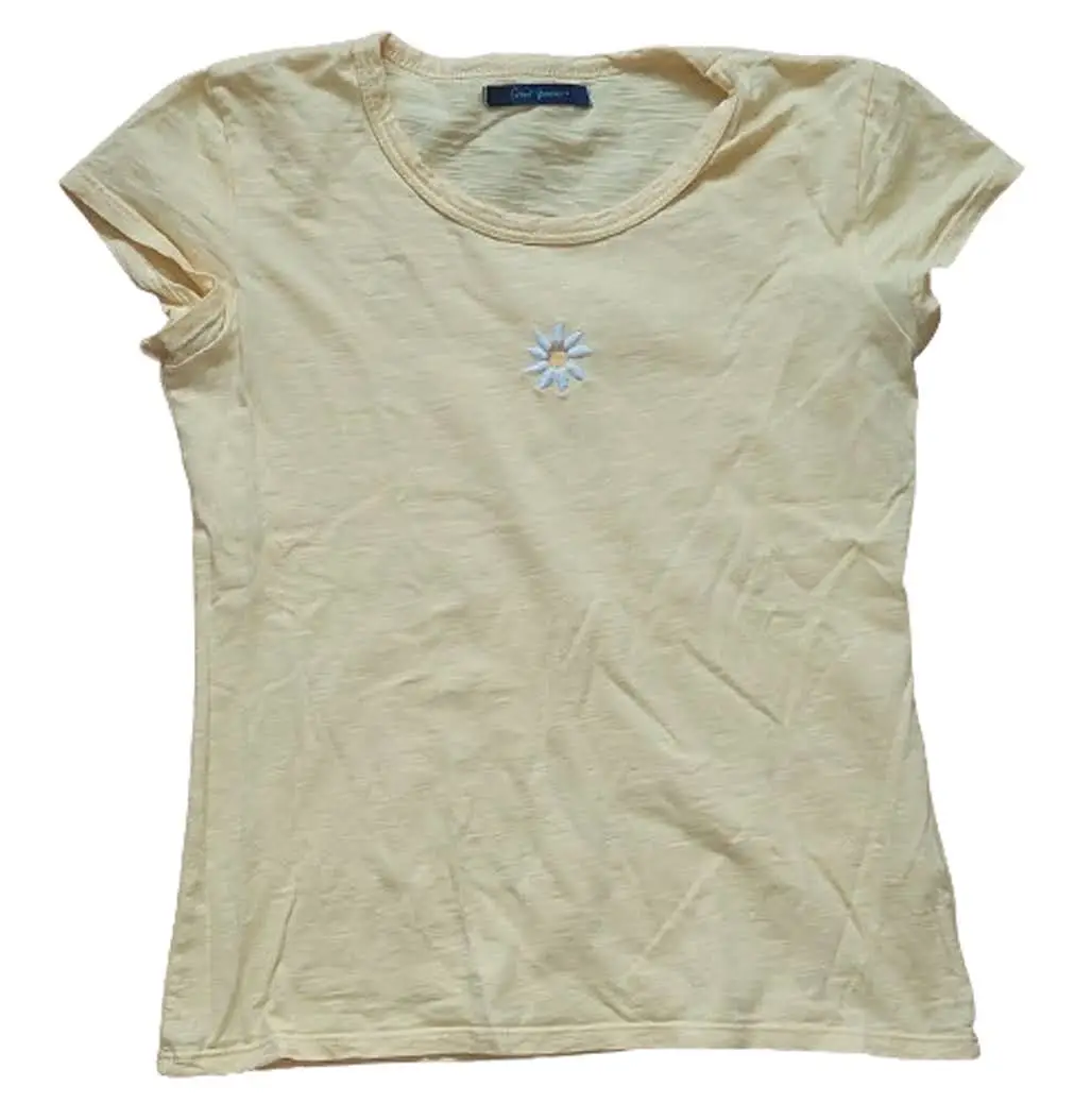 Remera de mujer de color amarillo claro, con un diseño de margarita bordada en el frente. Cuello redondo y mangas cortas. Ideal para un look casual y fresco.