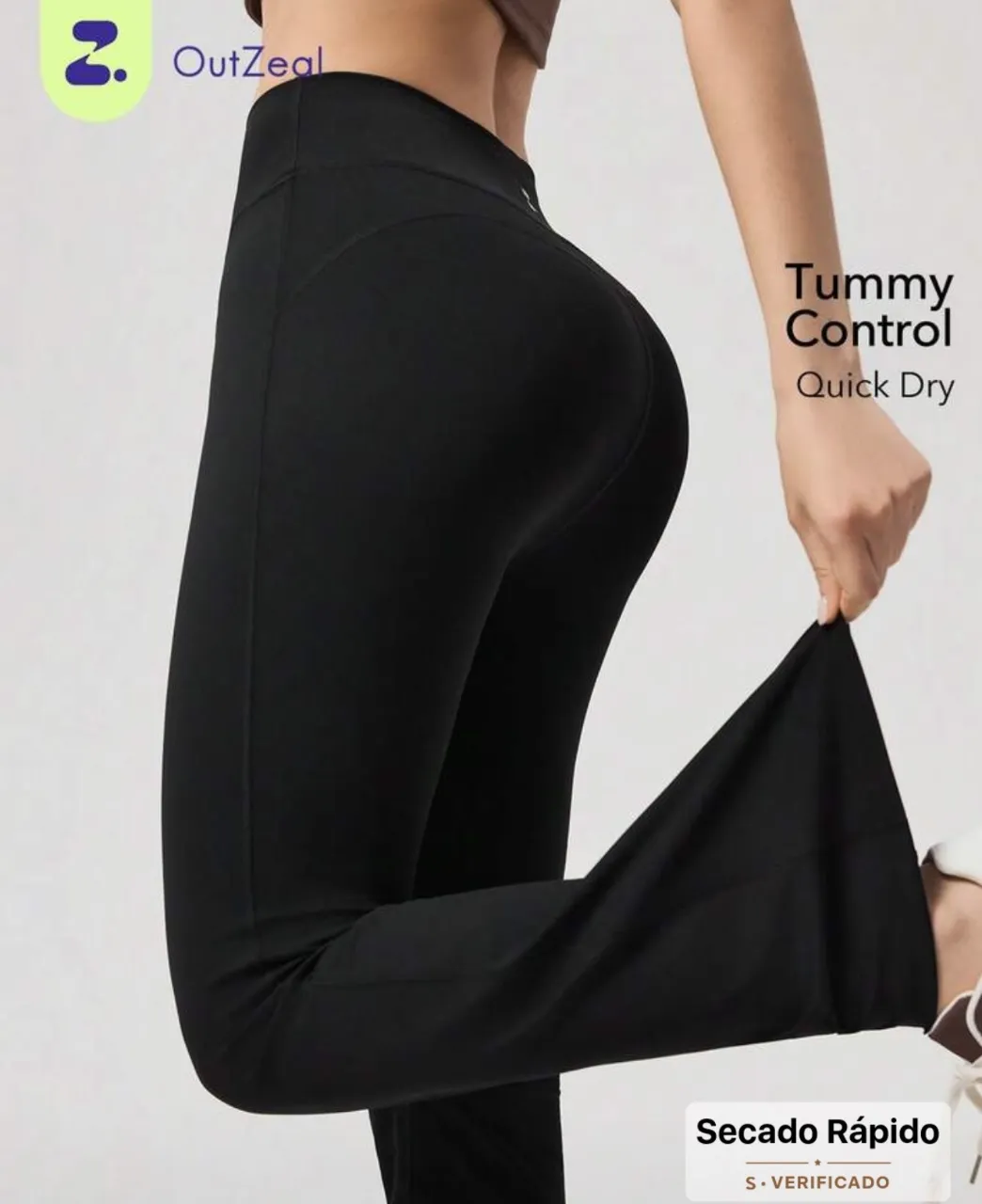 Calza negra tiro alto con efecto modelador de abdomen y glúteos. Posee tela de secado rápido y es elastizada para mayor comodidad.