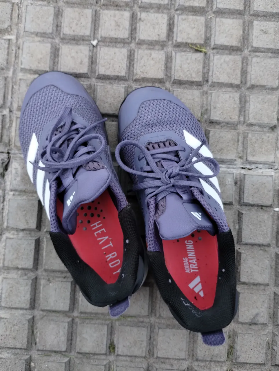 Zapatillas deportivas Adidas Training dropset 3, ideales para entrenamientos intensos. Diseño moderno en color gris violeta con detalles en blanco y rojo. una postura.