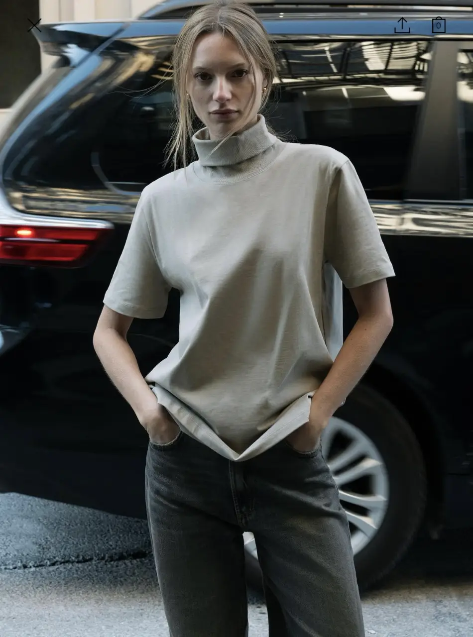 Remera de cuello alto para mujer, manga corta, color gris. Ideal para un look casual y moderno.