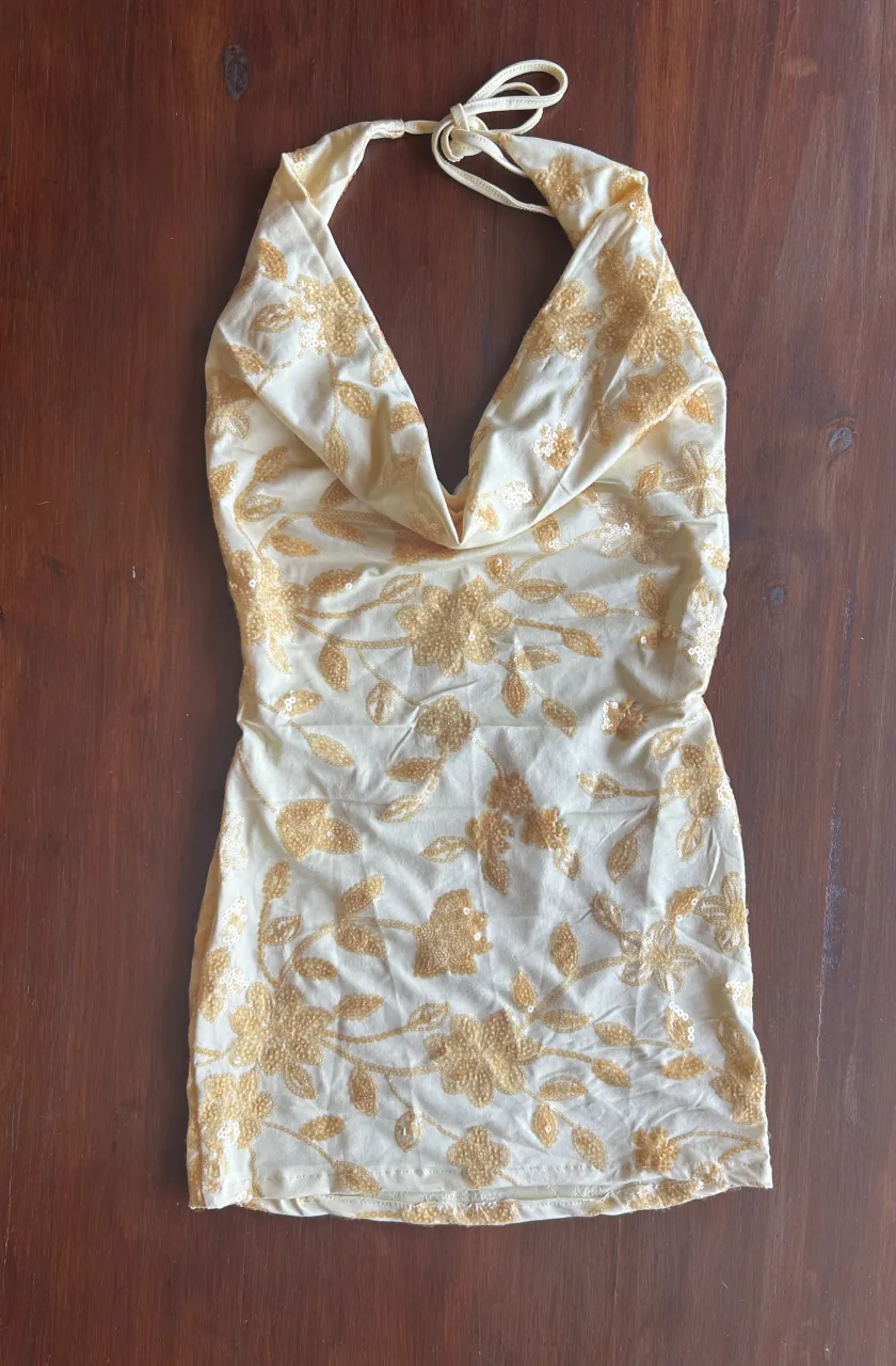 Vestido corto  delicado al cuerpo con lentejuelas doradas y bordado floral. Escote halter y espalda descubierta.