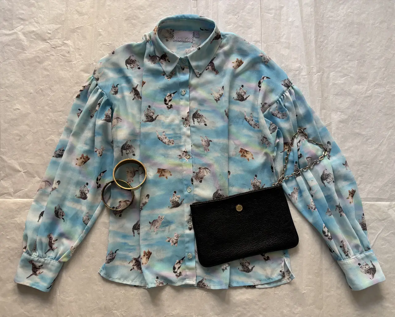 Blusa de manga larga con estampado de gatos sobre un fondo celeste. Ideal para un look casual y divertido.