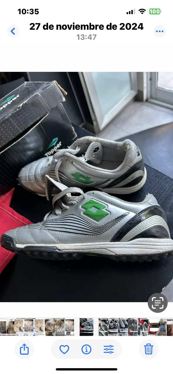 Zapatillas Lotto de fútbol para hombre, color gris con detalles en negro y verde. Ideales para jugar en césped sintético o natural. Usadas, pero en buen estado.