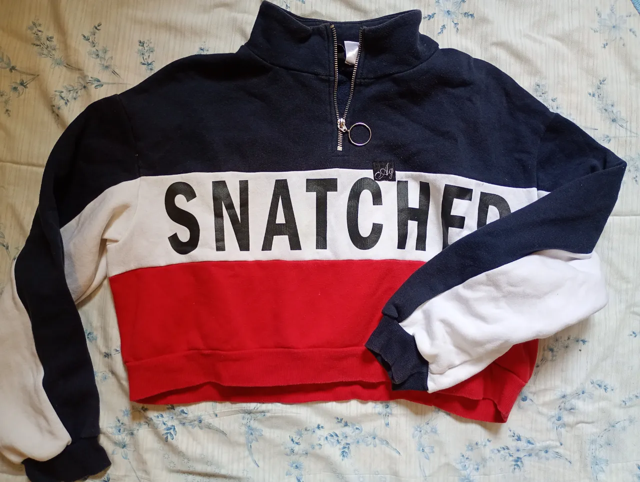 Buzo crop de tres colores: azul marino, blanco y rojo. Posee cuello alto con cierre metálico y detalle de aro. En el frente tiene la palabra "SNATCHER" estampada en negro. Marca DIVIDED. Tiene en la parte frontal un pequeño parche