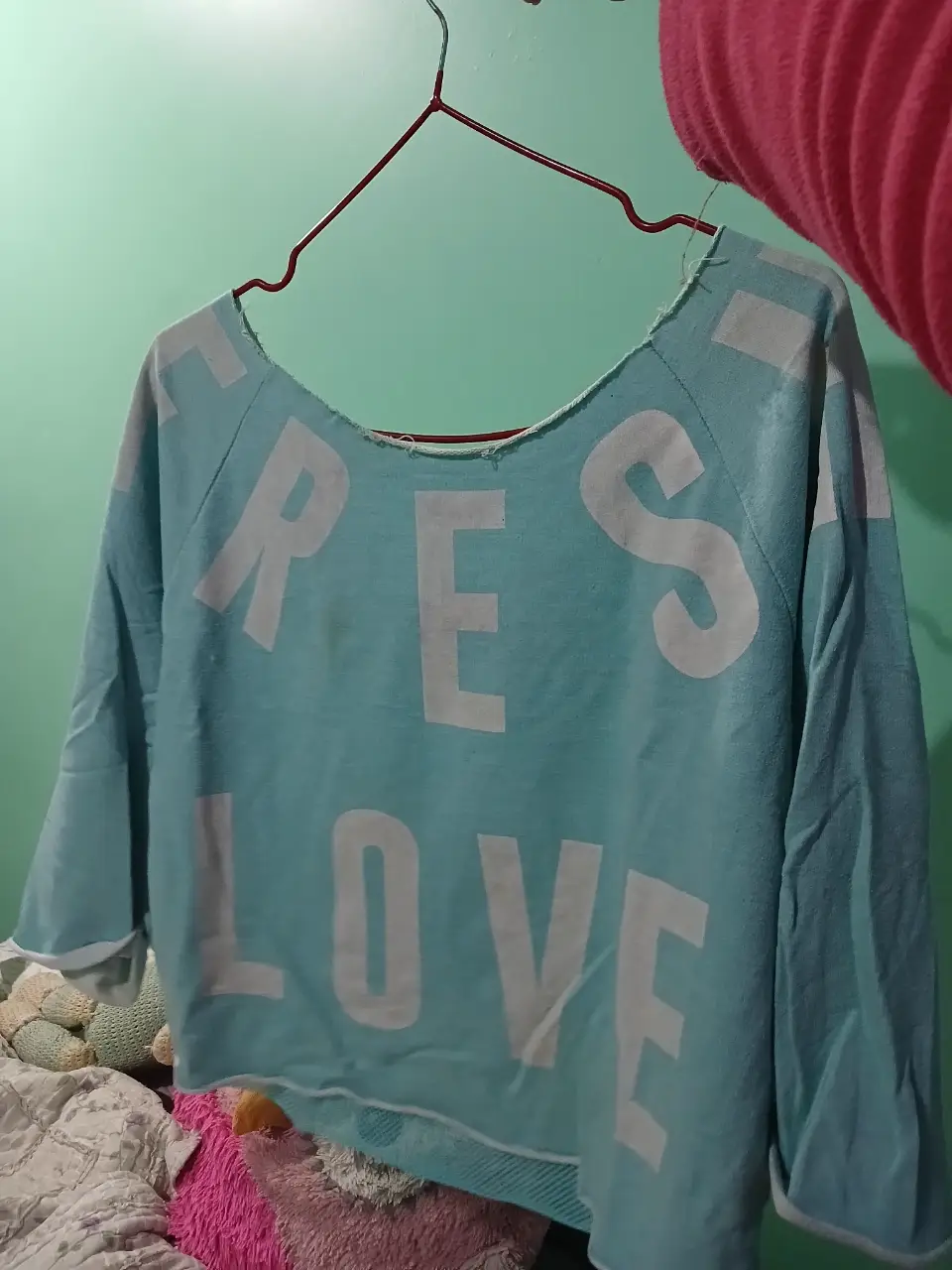 Buzo crop celeste con estampado "FRESH LOVE" en blanco. Ideal para un look casual y moderno.