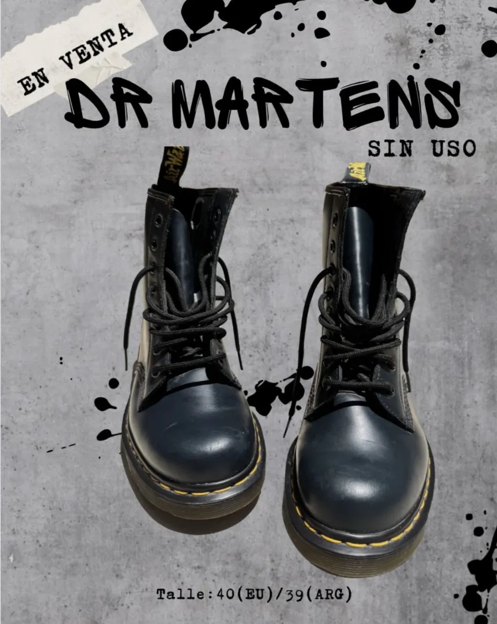 Botas Dr. Martens originales, sin uso. Modelo clásico de caña alta con cordones y suela amarilla característica. Perfectas para un look urbano y canchero. Sin caja. 