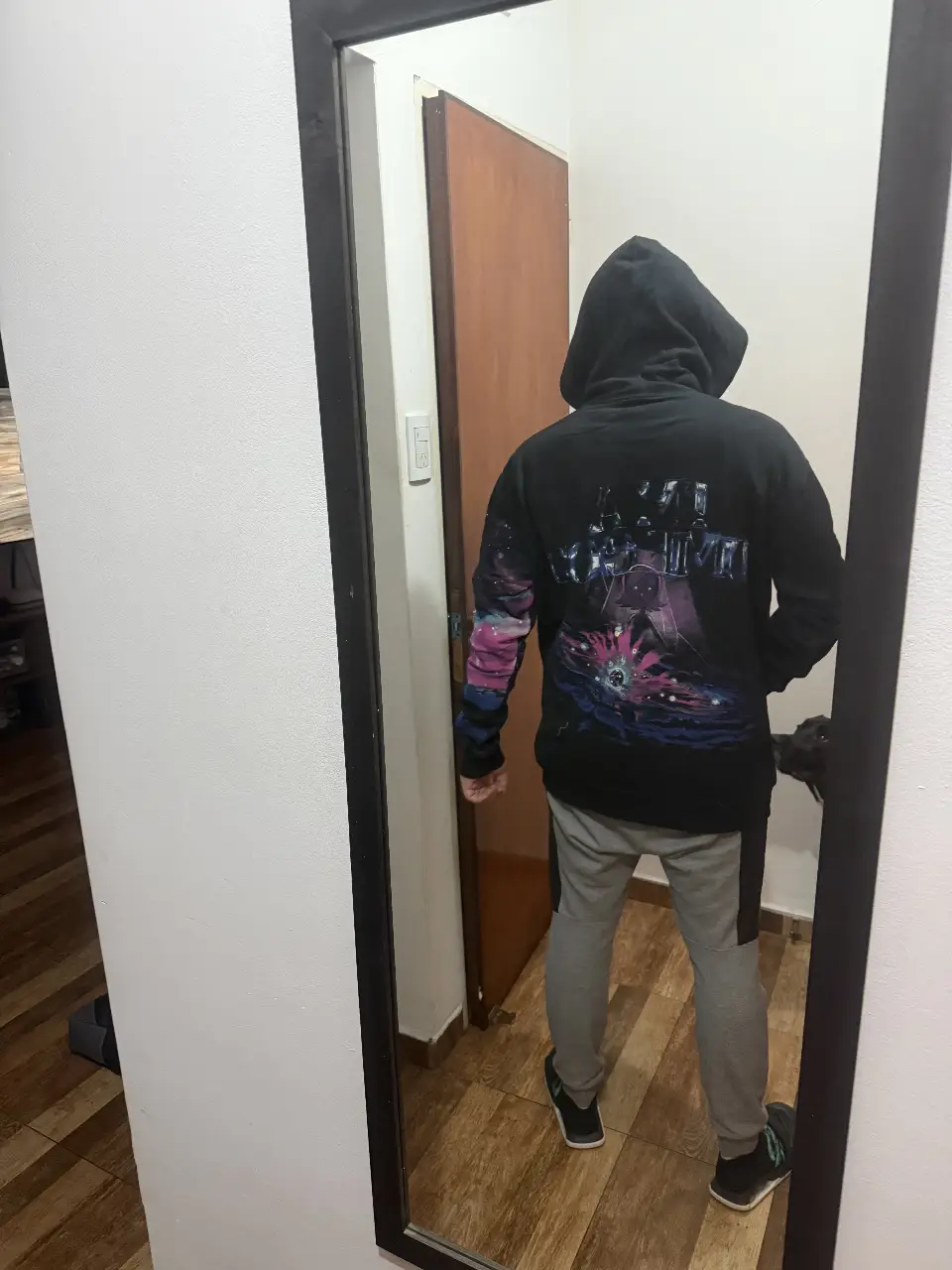 Buzo canguro negro con capucha y estampado en la espalda de diseño artístico. Rick and Morty Detalles en mangas con diseño galáctico. Ideal para un look casual y urbano, varios  talles 