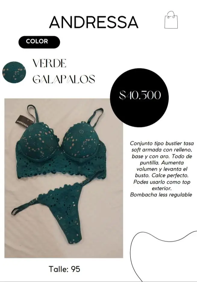 Conjunto tipo bustier con taza soft armada con relleno, base y con aro. Todo de puntilla. Aumenta volumen y levanta el busto. Calce perfecto. Podes usarlo como top exterior. Bombacha less regulable. Talle 95.