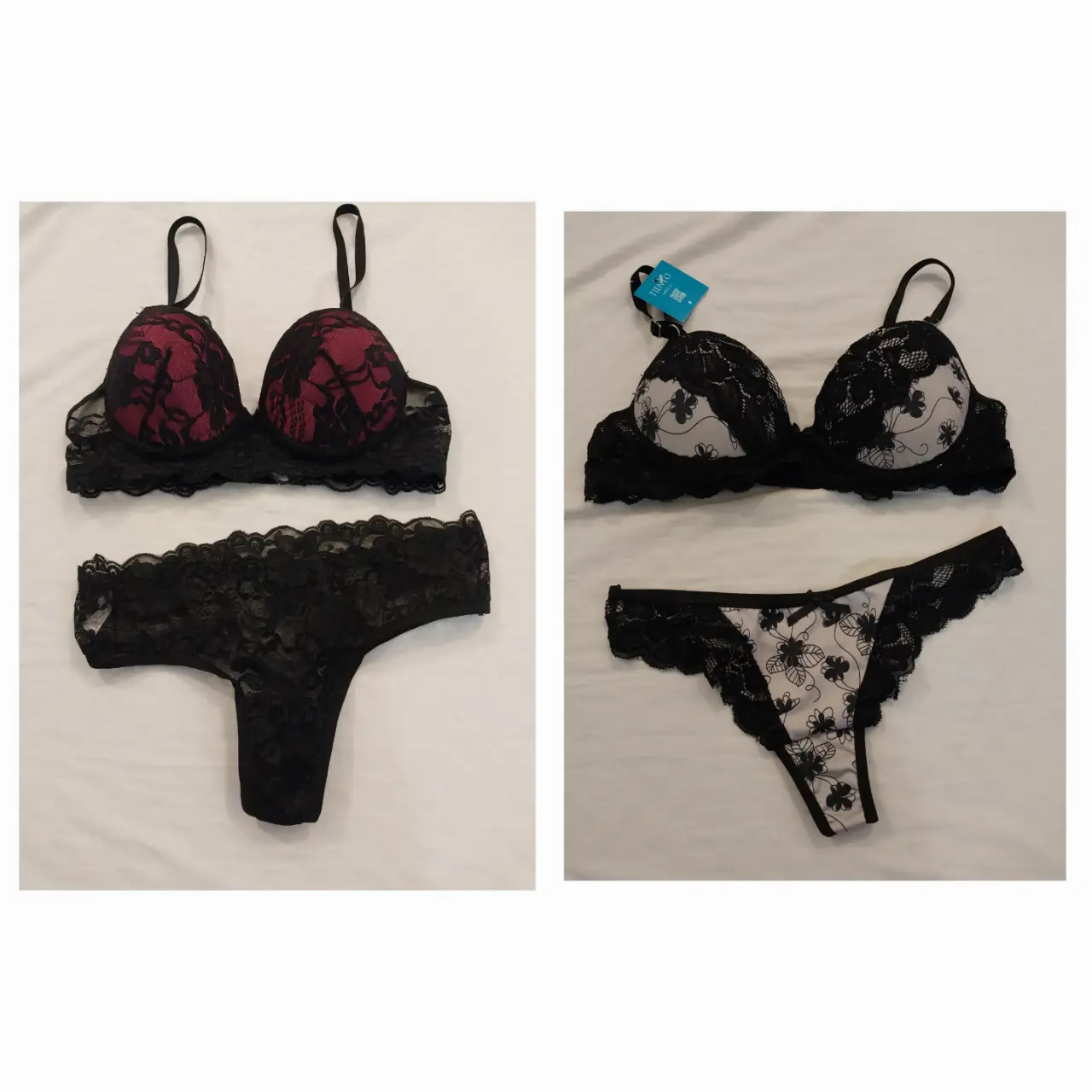 Conjunto de lencería de encaje negro y blanco. Incluye corpiño y bombacha.