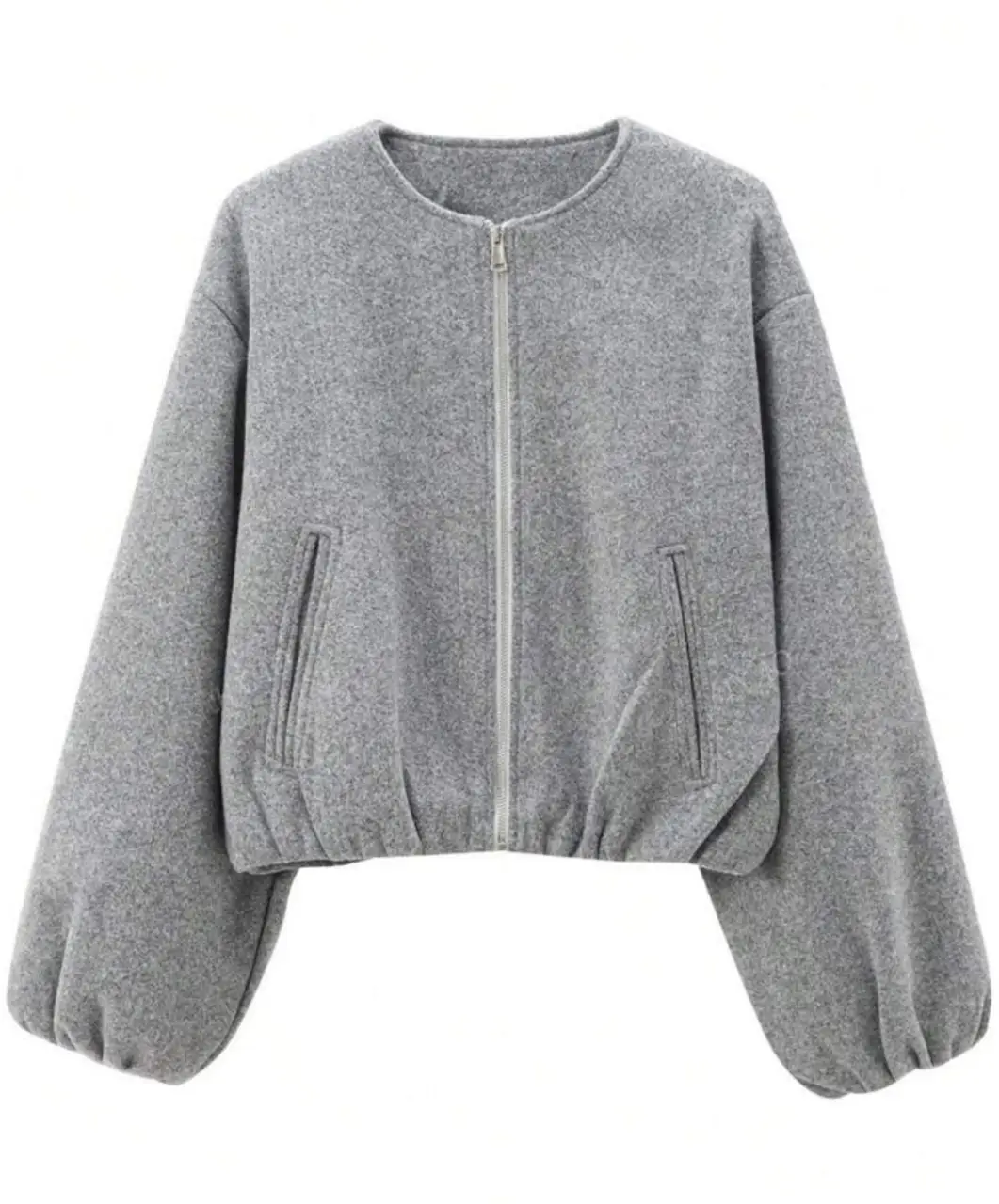 Abrigo ZARA NUEVA bomber con cierre de mujer, de color gris, con mangas amplias y corte cropped. Ideal para un look casual y moderno.