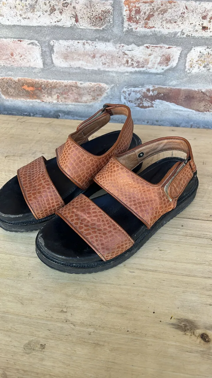 Sandalias de cuero marrón con detalles de textura de reptil. Suela negra.