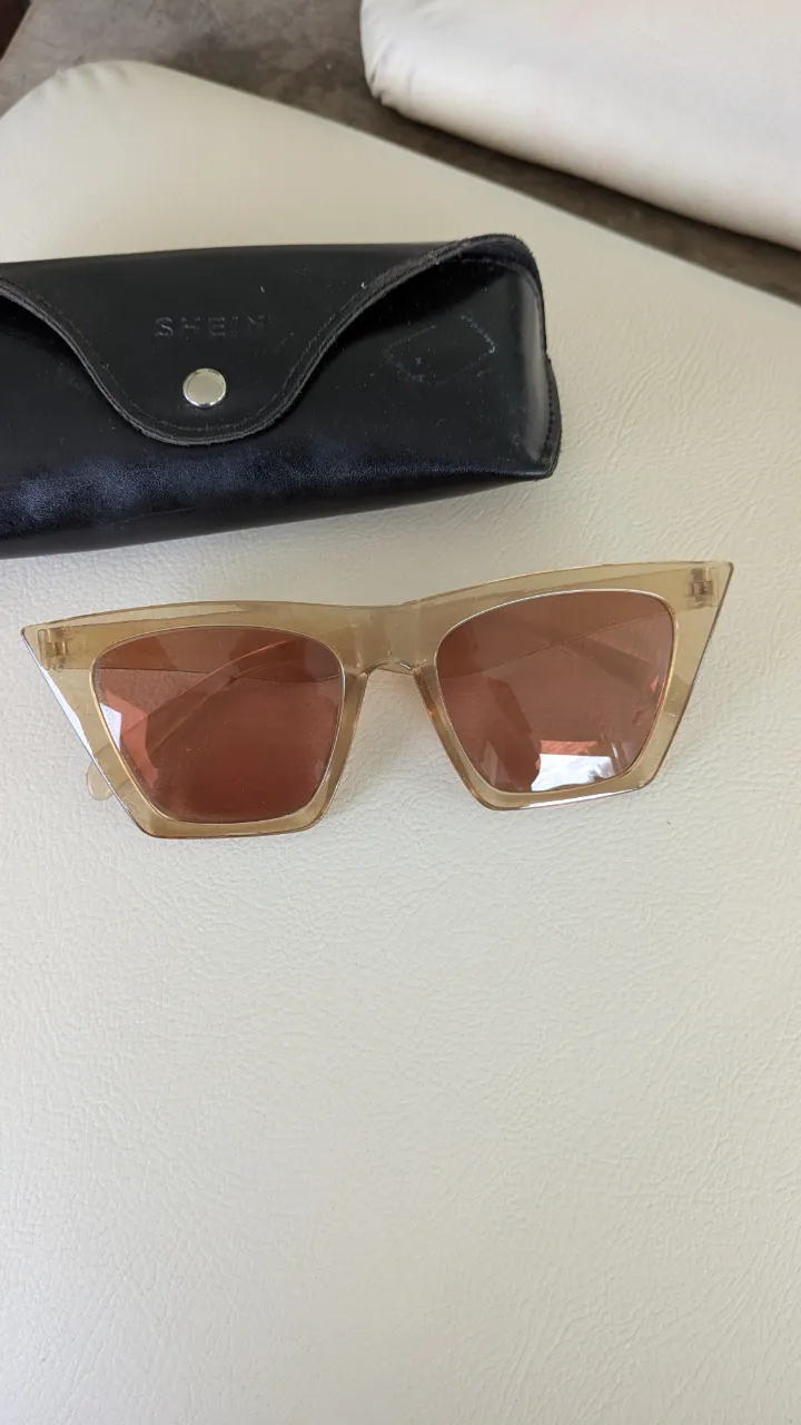 Anteojos de sol con armazón transparente y lentes color marrón. Incluye estuche negro con la marca SHEIN. tienen un Poco de aumento pero se puede cambiar los vidrios