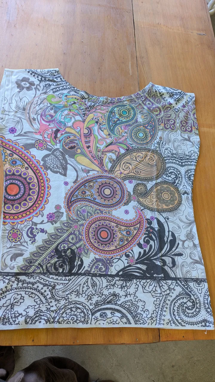 Remera estampada con diseño paisley multicolor. Ideal para un look casual y vibrante.