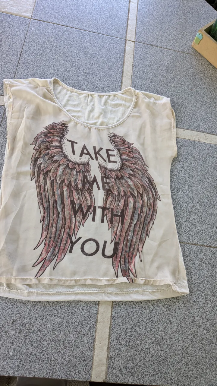 Remera beige con estampa de alas y la frase "TAKE ME WITH YOU".
