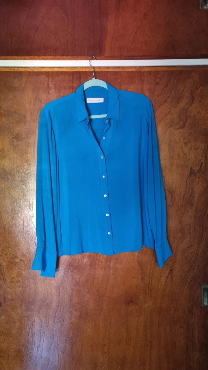Camisa de manga larga color azul vibrante. Posee cuello de camisa y botones al frente. Los puños de las mangas son anchos y tienen un corte desflecado.