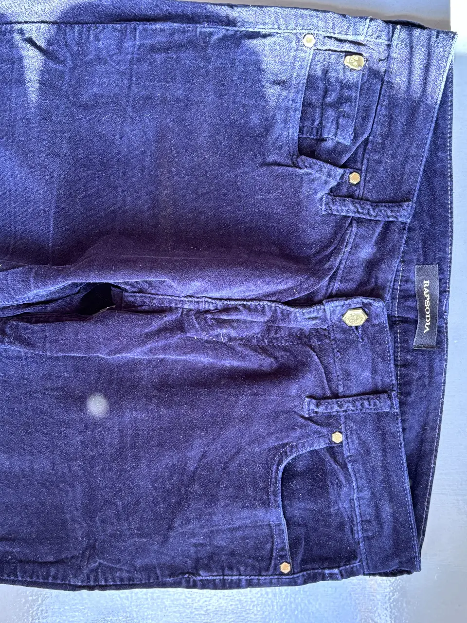 Pantalón de vestir de mujer, de terciopelo azul oscuro, con bolsillos delanteros y traseros. Marca Rapsodia.