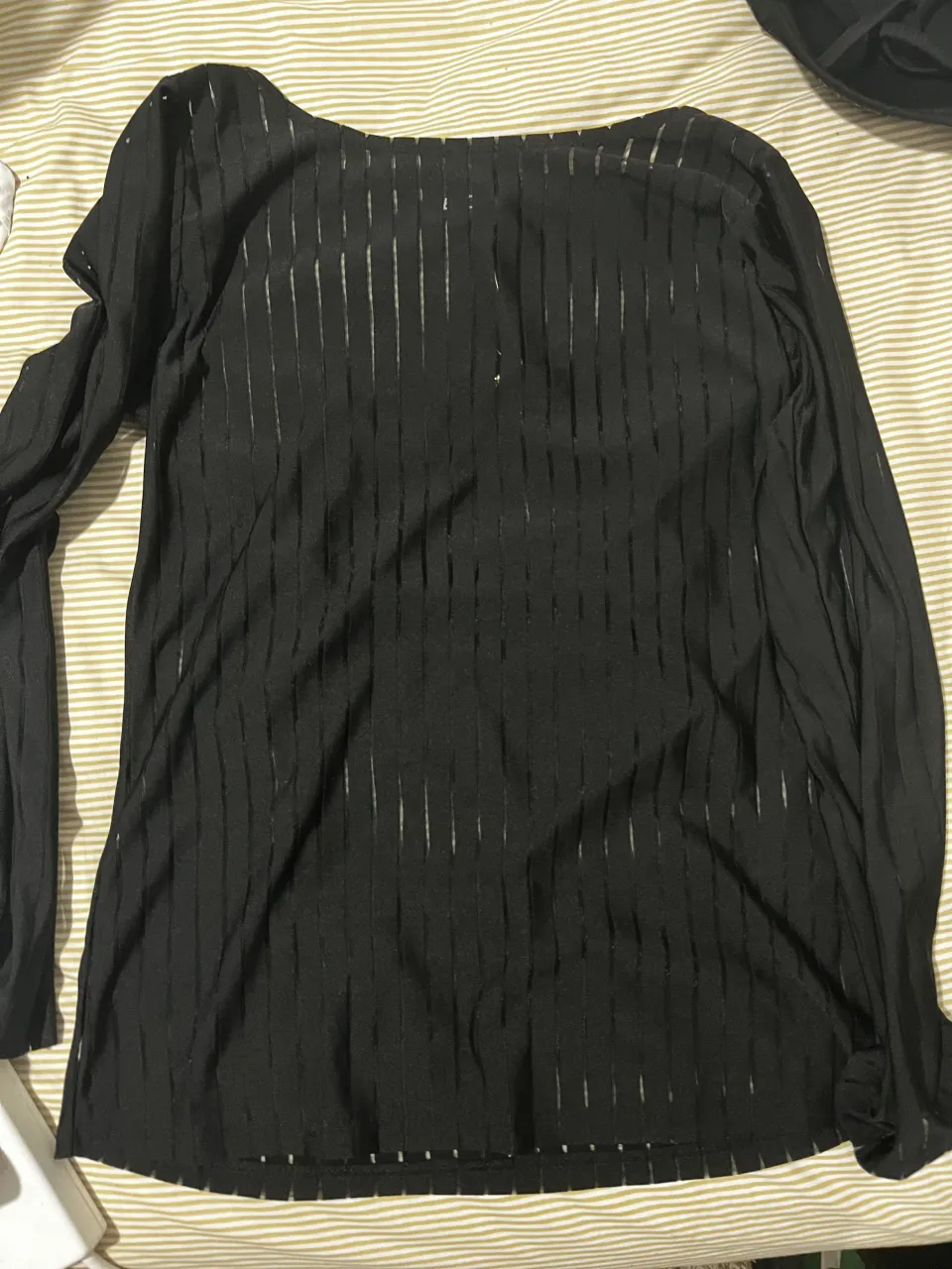Remera negra de manga larga con finas rayas verticales transparentes.