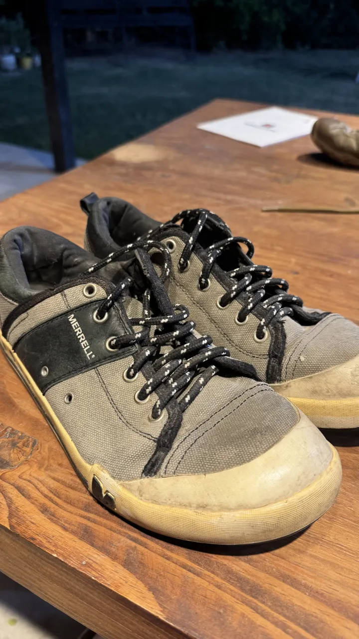 Zapatillas de lona grises con detalles en negro y cordones blancos y negros. Marca Merrell. Talle 43.5