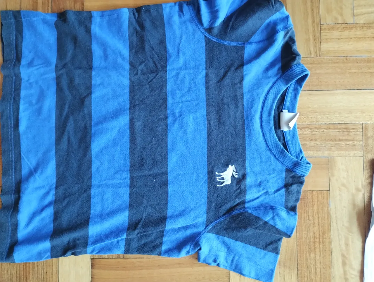 Remera de hombre a rayas verticales en azul y gris. Diseño clásico y cómodo para uso diario.