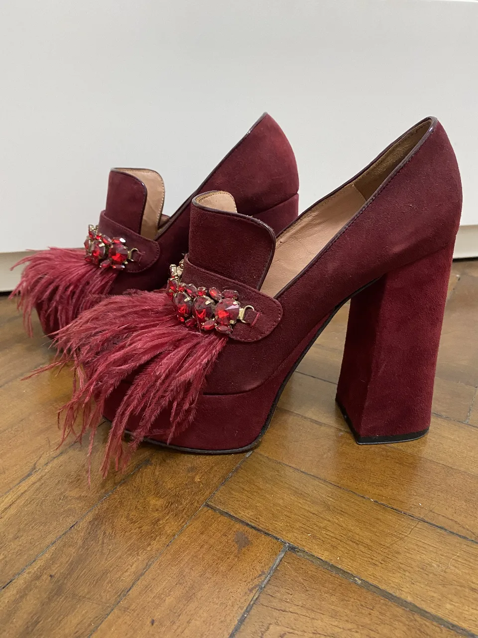 Zapatos de taco alto para mujer, color borgoña con detalles de plumas y apliques de piedras rojas. Ideales para eventos especiales y fiestas.