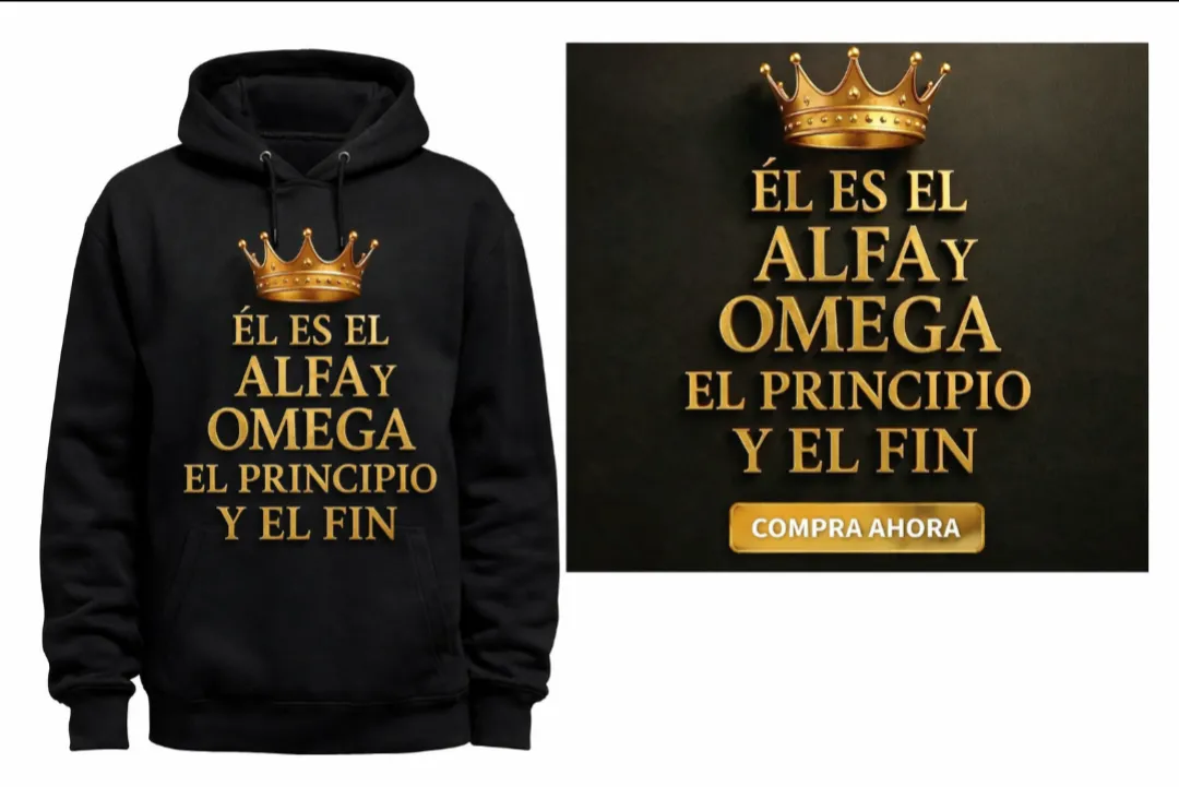 Buzo negro con capucha y estampa dorada "Él es el Alfay Omega, el Principio y el Fin" y una corona dorada sobre el texto.