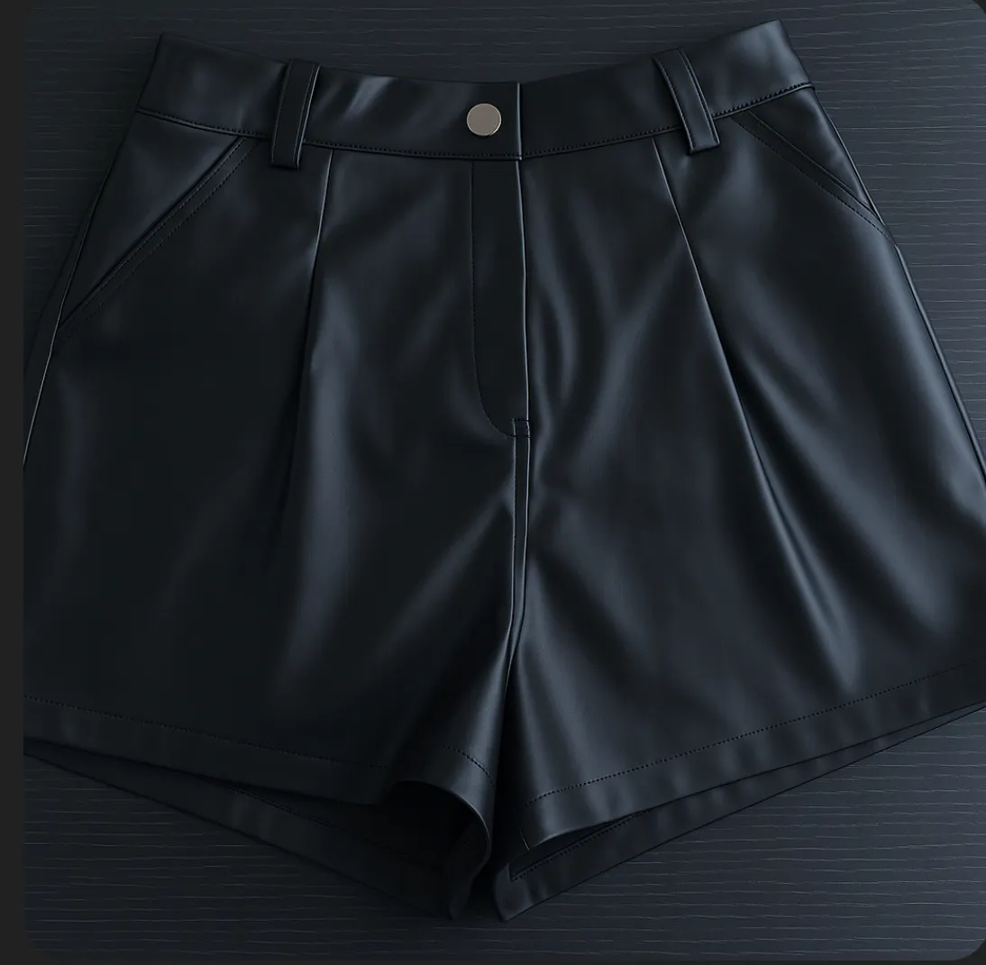 Short de cuero sintético negro, tiro alto, con pinzas y bolsillos delanteros. Ideal para un look moderno y sofisticado.