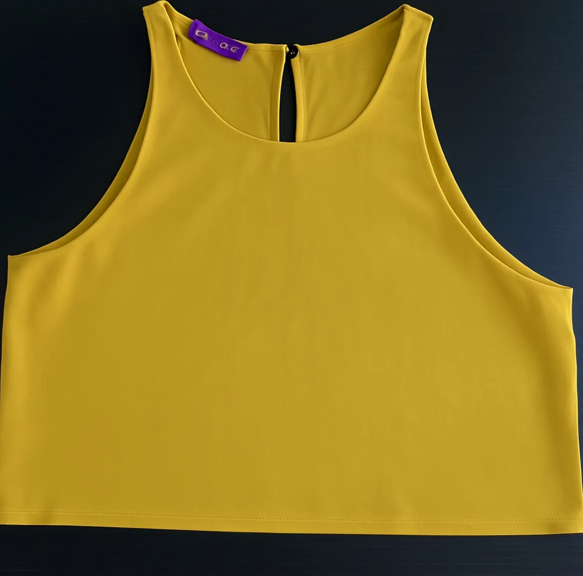Top de mujer color mostaza de la marca SOFIA DE GRECIA, sin mangas, con cuello redondo y detalle de abertura en la espalda. Ideal para un look casual y fresco.

