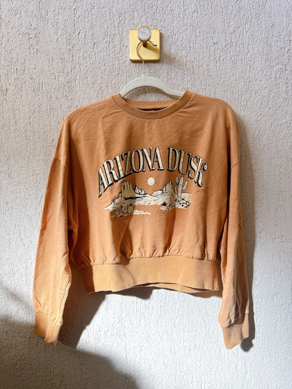 Buzo camel con estampa  "Arizona Dusk" de estilo vintage. Diseño cropped con puños y cintura elastizados. Ideal para un look casual y relajado. Medidas
Largo total 50cm
Ancho de hombro 23cm
Largo de manga 50cm
Sisa a sisa 65cm