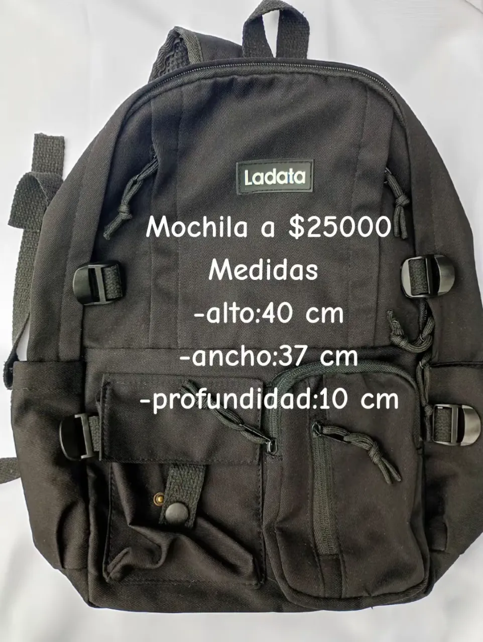 Mochila negra con múltiples bolsillos: frontales, uno con tapa y broche, y otro con cierre,posee en la parte de atrás bolsillo Anti robo. Tiene dos bolsillos laterales y correas ajustables. Las medidas son: alto 40 cm, ancho 37 cm y profundidad 10 cm.
