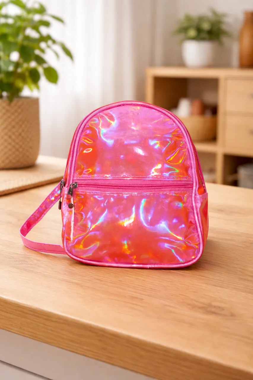 Mochila rosa con efecto holográfico y detalles en rosa. Posee dos cierres frontales.