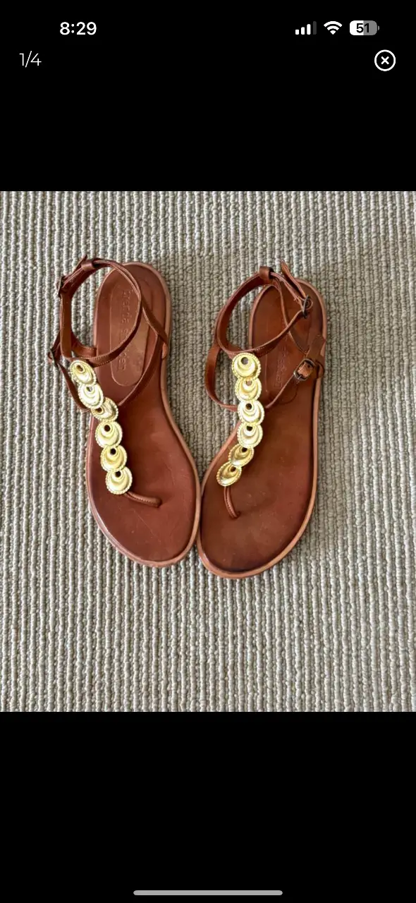 Sandalias de cuero marrón con detalles dorados en la tira delantera. Marca Brenda Shedden.