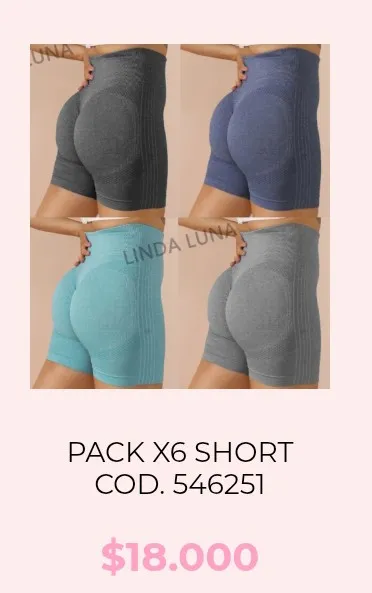 Pack x6 shorts deportivos de mujer, tiro alto, ideales para gym y running. Disponibles en varios colores.