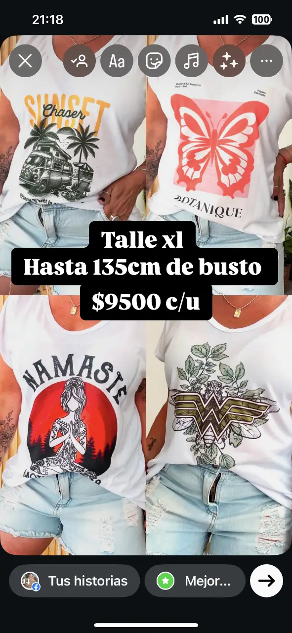 Remeras de mujer con estampas variadas, talles XL, hasta 135 cm de busto. Estampas de "Sunset Chaser", mariposa "Botanique", "Namaste" y "Wonder Woman".