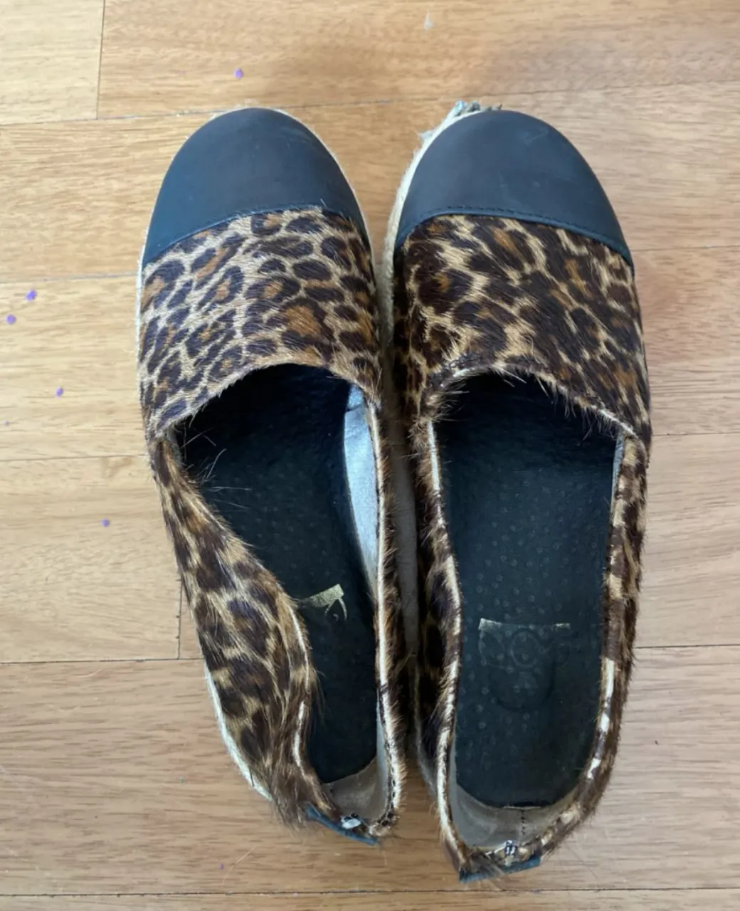 Alpargatas de mujer con estampado de leopardo y puntera negra. Ideales para un look casual y cómodo.