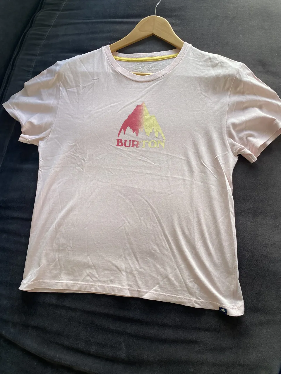 Remera manga corta de algodón color rosa pálido con estampa de montañas y el logo "BURTON" en el frente. Cuello redondo con detalle de costura amarilla.