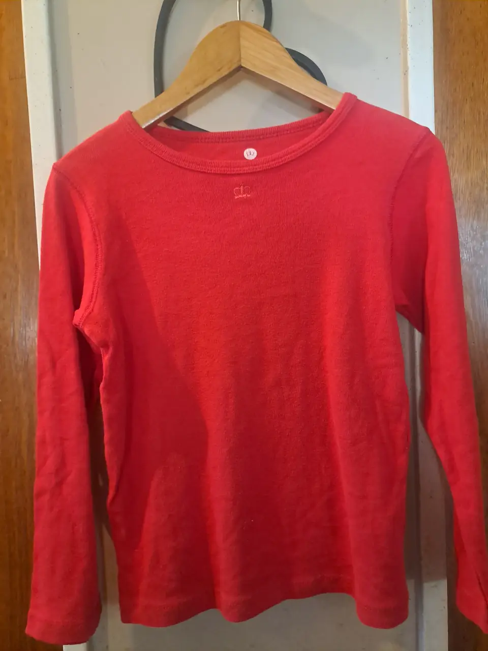 Remera manga larga roja de algodón, con cuello redondo y detalle de logo bordado. Ideal para un look casual y cómodo.