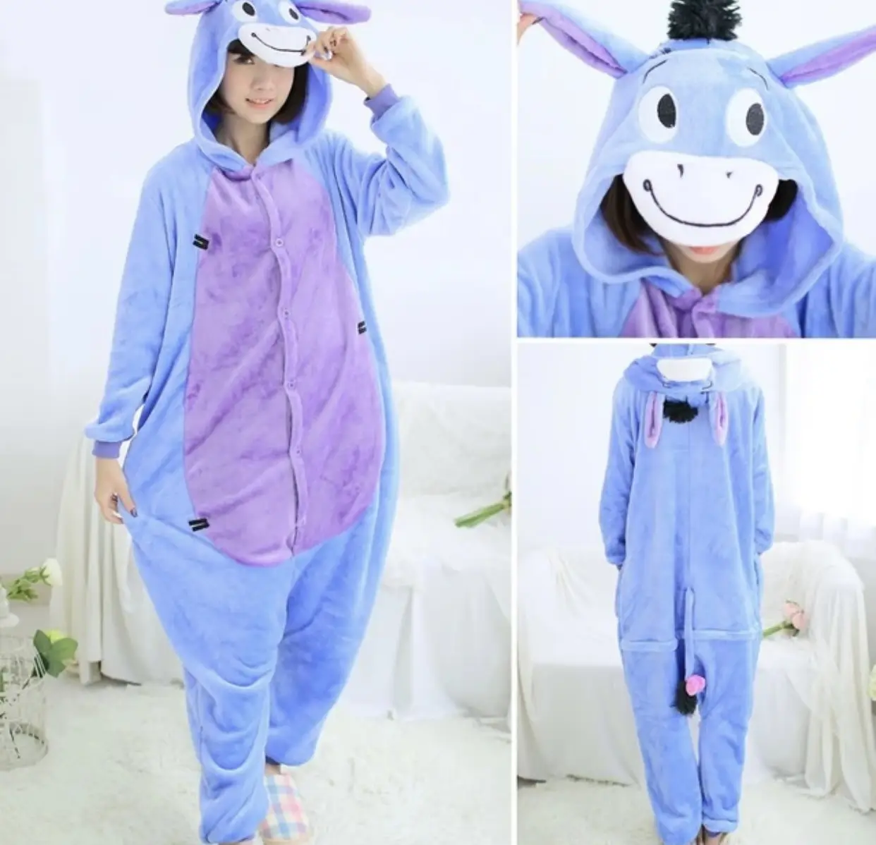 Disfraz de Eeyore, el burro de Winnie the Pooh. Enterito de polar azul con detalles en violeta y capucha con la cara del personaje. Ideal para fiestas de disfraces o eventos temáticos.