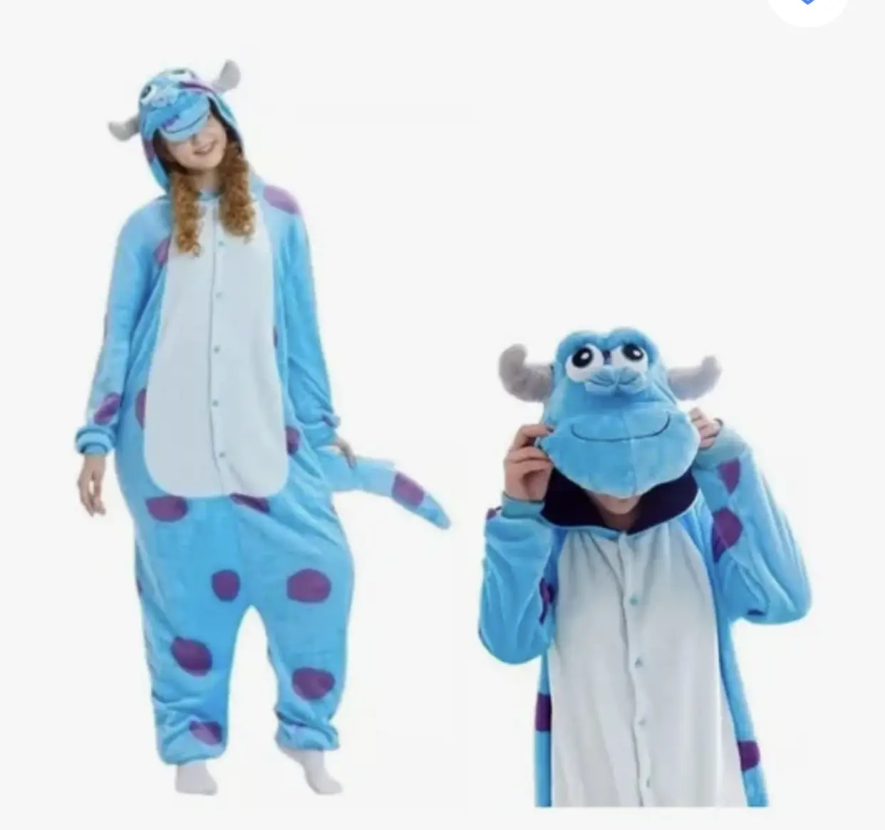 Disfraz de Sully de Monsters Inc. para adultos. Enterito azul con manchas violetas, capucha con la cara de Sully y cola. Ideal para fiestas de disfraces o eventos temáticos.