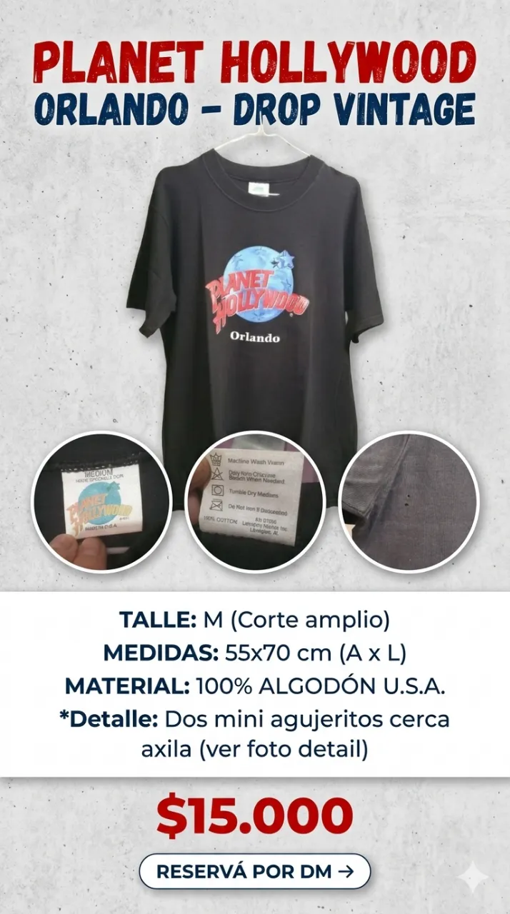 Remera negra de manga corta con estampa "Planet Hollywood Orlando" en el frente. Detalle de dos mini agujeritos cerca de la axila.