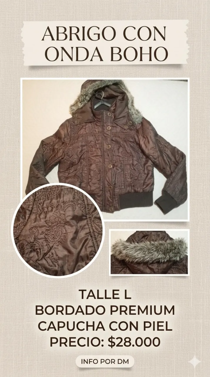 Campera color chocolate con leve tornasolado, capucha forrada en piel sintética. Presenta un diseño acolchado con bordados florales en toda la superficie. Cierre frontal con botones a presión y puños y cintura elastizados.