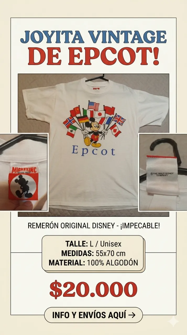 Remera blanca de manga corta con estampa de Mickey Mouse rodeado de banderas de diferentes países y la palabra "Epcot" en azul. La etiqueta interior indica "Mickey Inc. Since 1928" y "The Walt Disney Company".