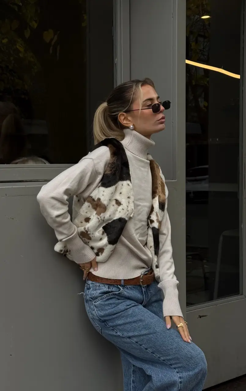 Chaleco de piel sintética con estampado de vaca, ideal para un look moderno y abrigado. Combina estilo y comodidad, perfecto para usar sobre un sweater en los días frescos.