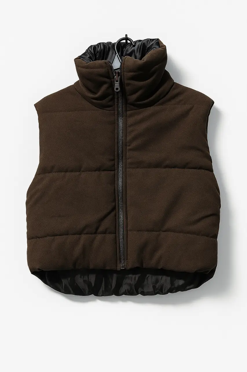 Chaleco puffer marrón con cuello alto y cierre frontal. Ideal para el invierno, este chaleco ofrece abrigo y estilo.