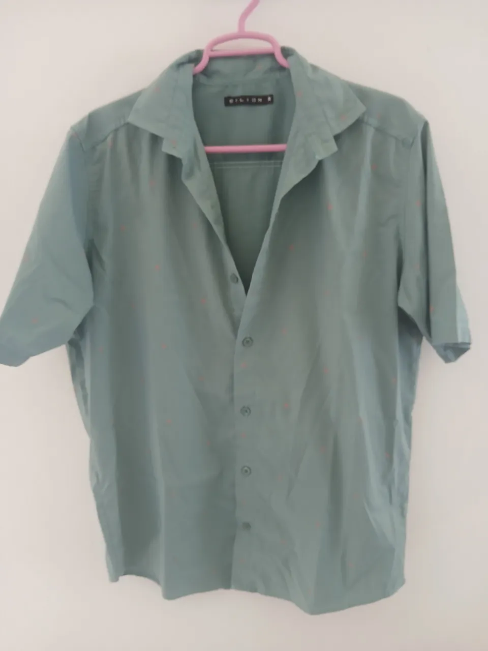 Camisa de manga corta color verde agua con pequeños detalles en rosa. Cuello camisero y botones al frente.