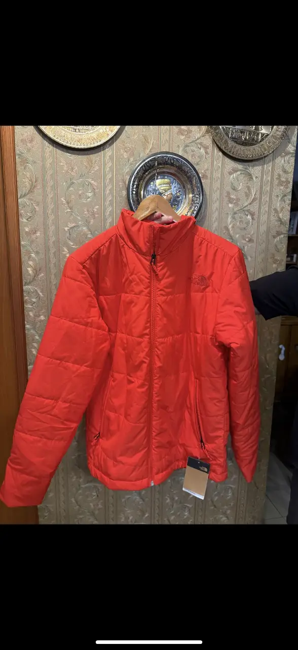 Campera de pluma The North Face roja, ideal para el invierno. Con cierre y bolsillos.