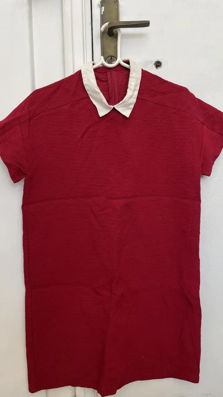 Vestido mini rojo con cuello blanco de la marca Zara Basic. Ideal para un look casual y moderno.