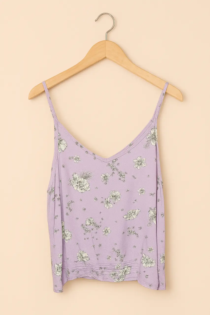 Musculosa de mujer en color violeta con estampado floral. Ideal para el verano, con un diseño fresco y cómodo.