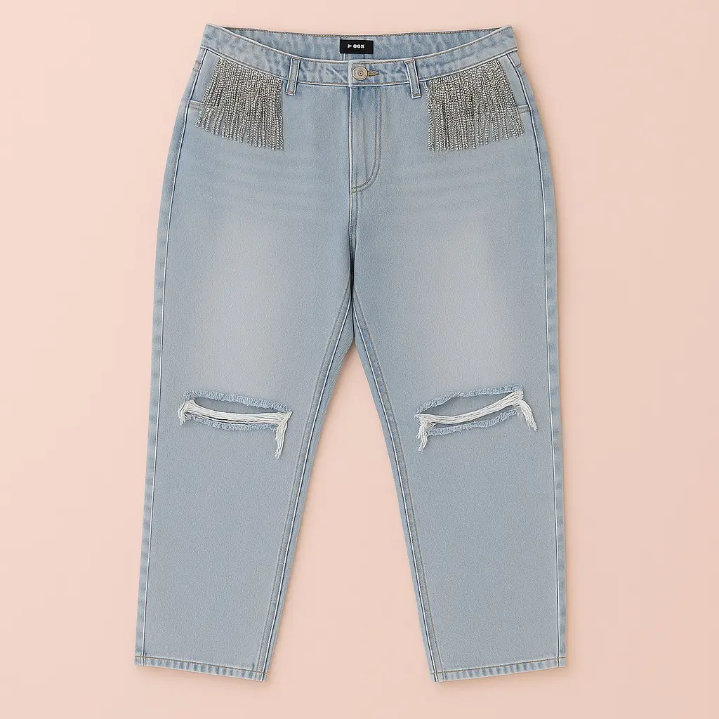 Jeans de mujer tiro alto, con roturas en las rodillas y detalles de strass en la cintura. Corte ancho y estilo Y2K. 
