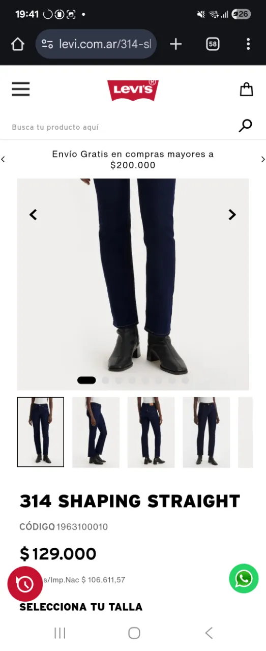 Jeans negro 314 Shaping Straight de Levi's. Tiro medio, corte recto y calce perfecto. Ideal para un look casual y moderno.